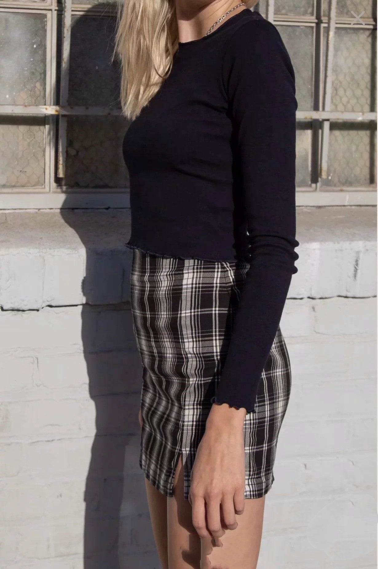 Rutig kjol med dubbel slits nederkant