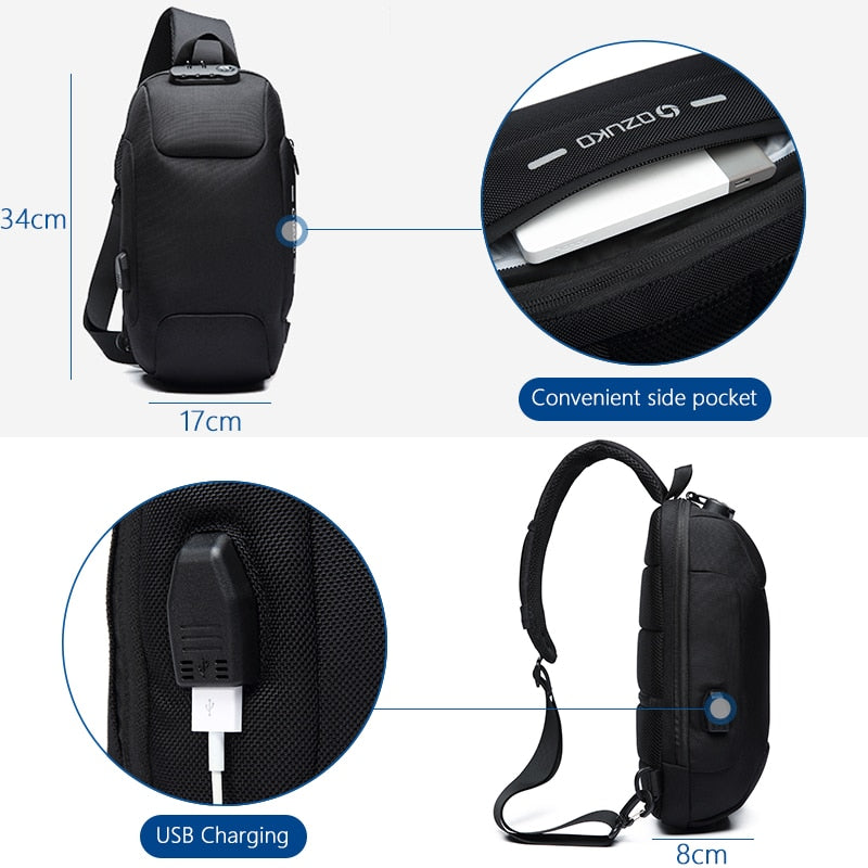 Sac à bandoulière multifonctionnel antivol sac de poitrine étanche USB