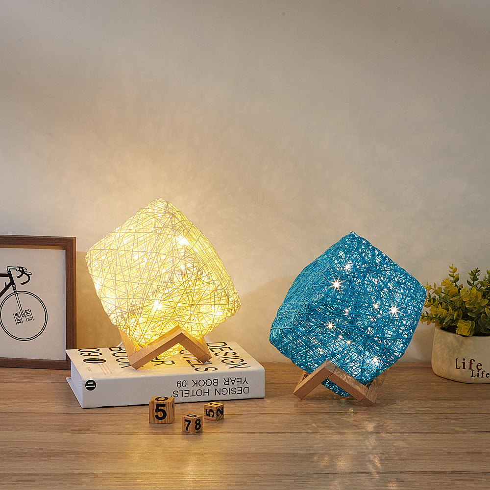 Hand-knit Dimmable Square LED Desk Lights Wood Rattan Twin USB Charging Table Lamp Girls Bedroom Gift Home Decor Night Lighting