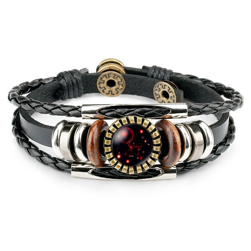 Stjärnteckenarmband för kvinnor och män, 12 stjärnbilder, pärlbesatta handvävda PU-läderarmband