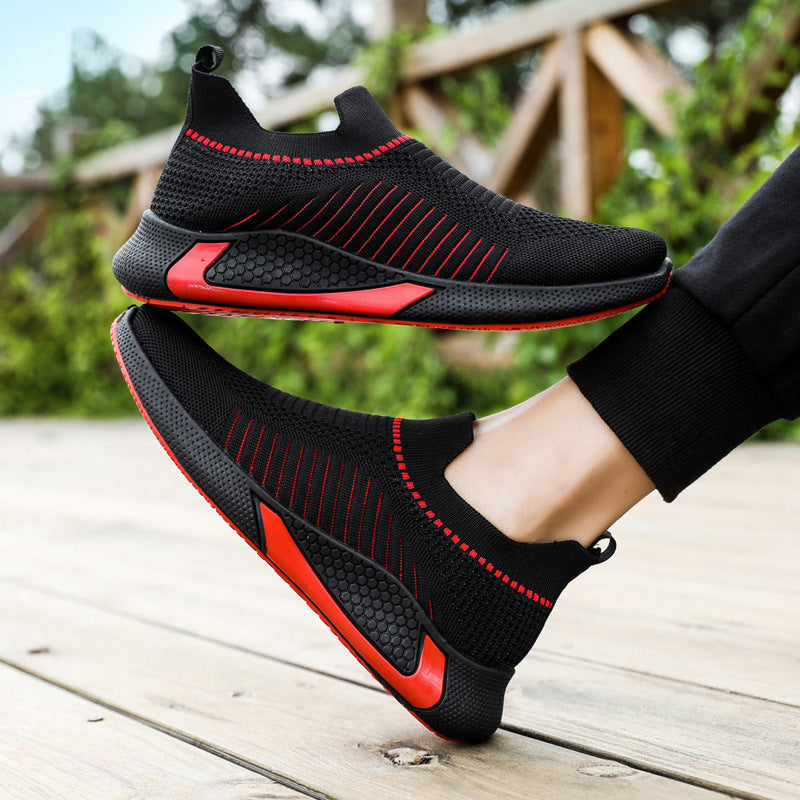 Moderiktiga nätskor med randig design för män, utomhus, andningsbara, slip-on-sneakers, ädelträ, lätta löparskor
