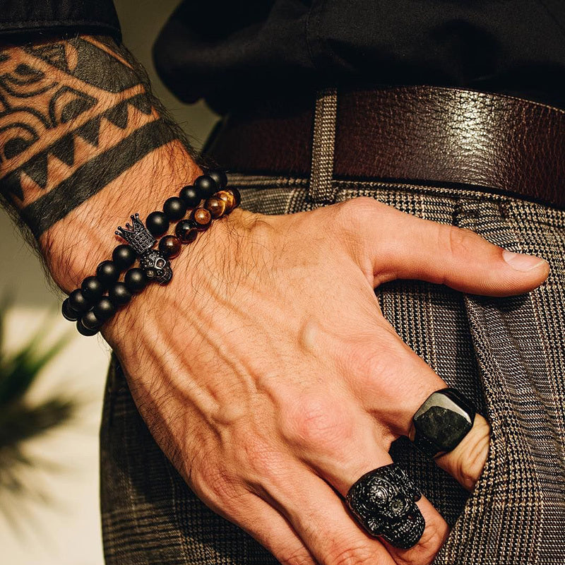 Crown Skull Beaded Bracelet - Men's Brown Stone Jewelry