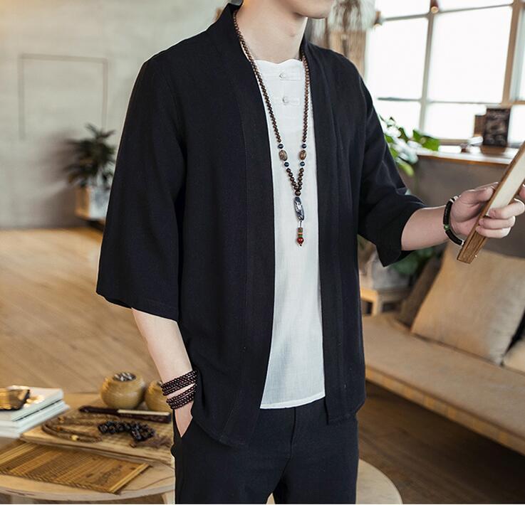 Sommaren mäns kinésiska style bomull och linne fast färg Hanfu sju punkts slem koftan skjorta hommes mode tendance merde rt