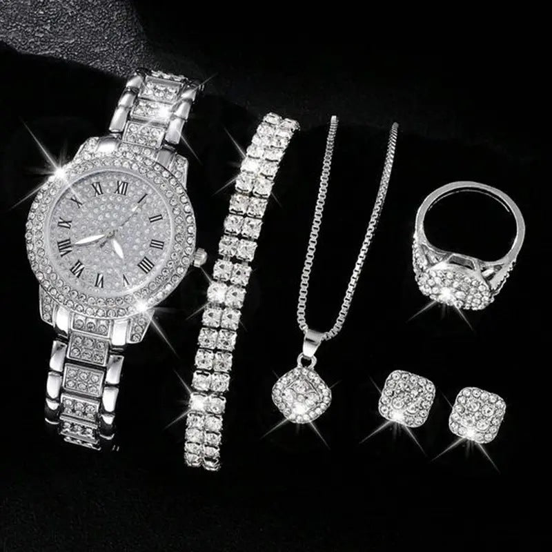 Women's Diamond Fashion Roman Quartz Watch - 5-Piece Set