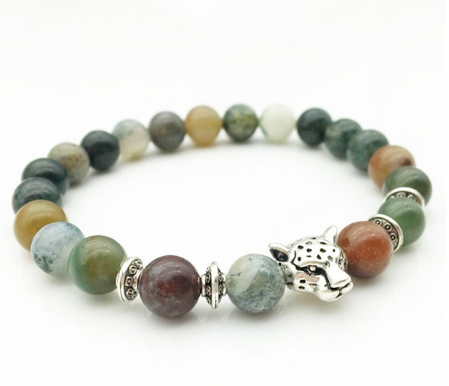 8mm Natursten Lavasten Pärlarmband För Män Leopardhuvud Leopardhänge Charm Armband Handgjorda Smycken