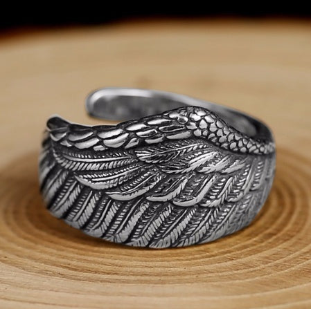 S925 Silver Herrring Justerbar Örnvinge Fjäder Retro Svart Punk Biker Man Ringar Kvinnliga Sterling Silver Smycken