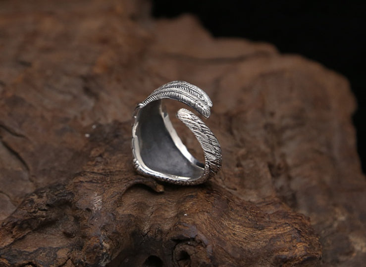 S925 Silver Herrring Justerbar Örnvinge Fjäder Retro Svart Punk Biker Man Ringar Kvinnliga Sterling Silver Smycken