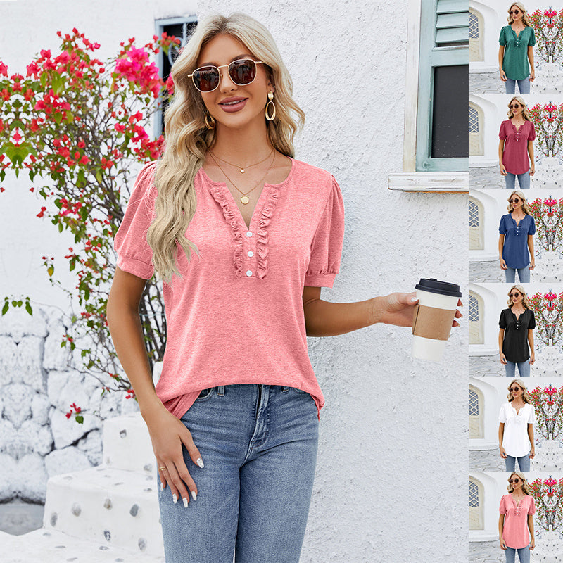 Stylish Solid Color V-Neck Button Top - Short Sleeve T-Shirt for Women