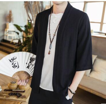 Sommaren mäns kinésiska style bomull och linne fast färg Hanfu sju punkts slem koftan skjorta hommes mode tendance merde rt