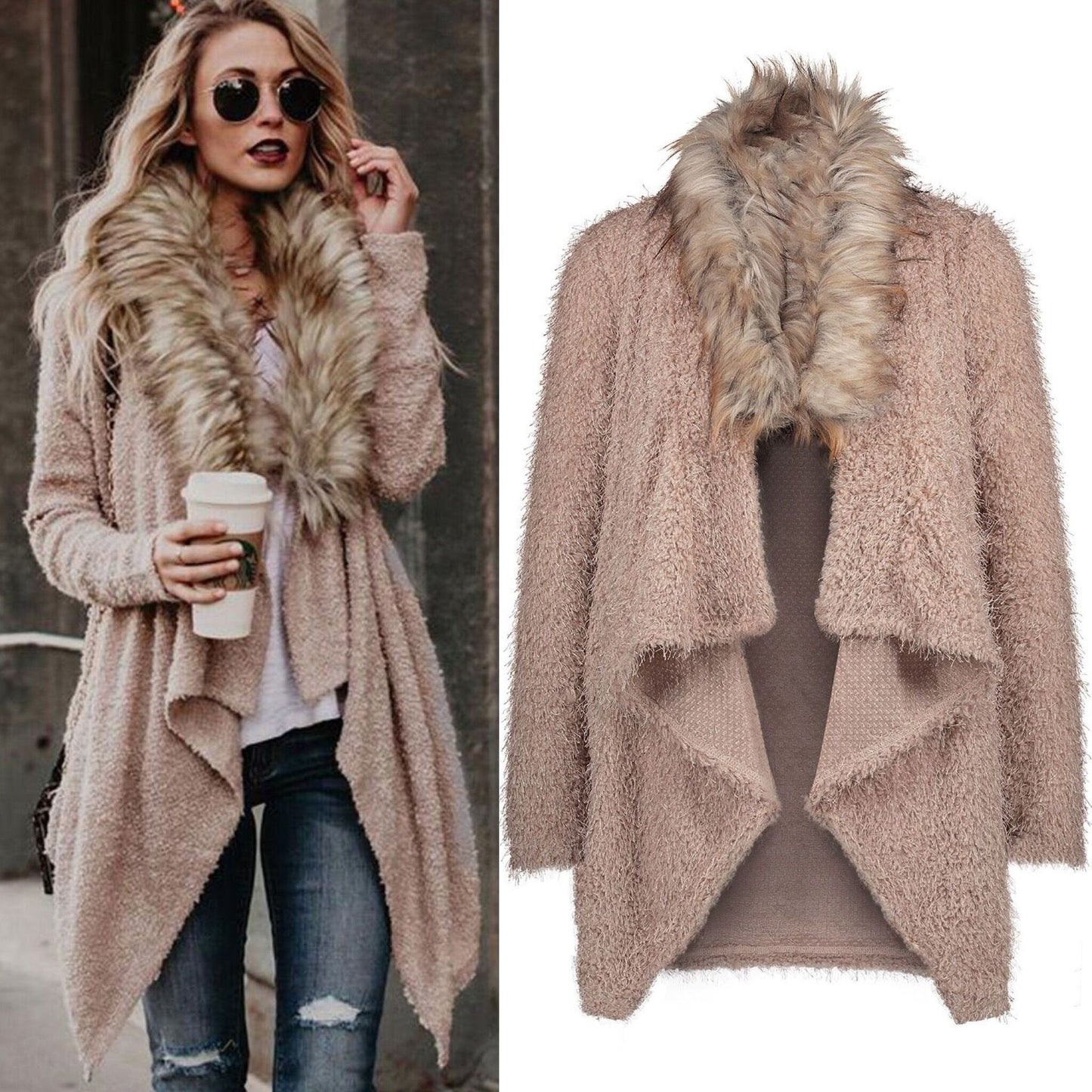 Trench-coat en peluche cardigan à col en fourrure