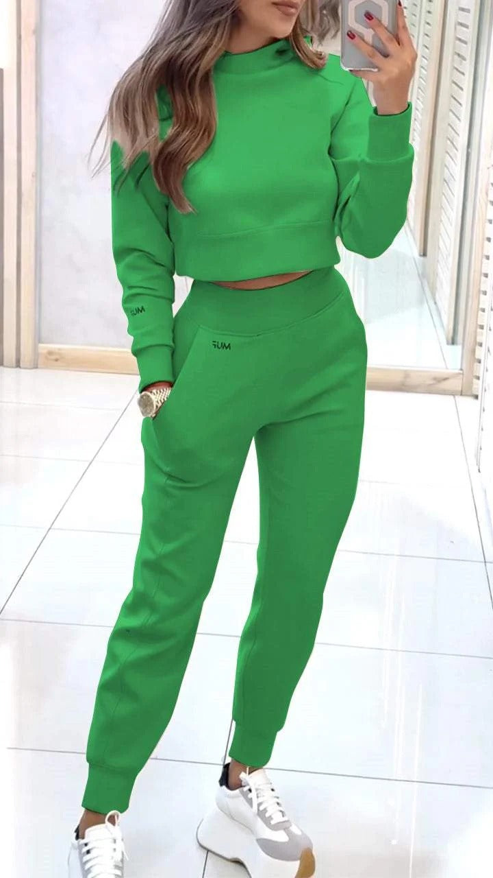 Stand Collar Sportkostym Moderiktig Tröja Långärmad Kort Topp Och Smal Byxa Med Fickor Enfärgade Outfits Damkläder