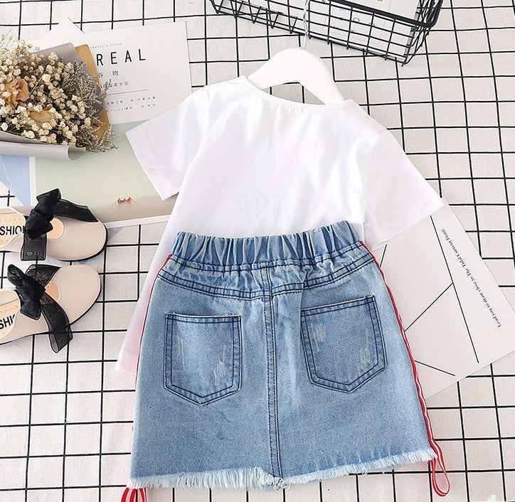 Vêtements pour enfants T-shirt blanc Jupe en jean 2pcs Costumes pour filles