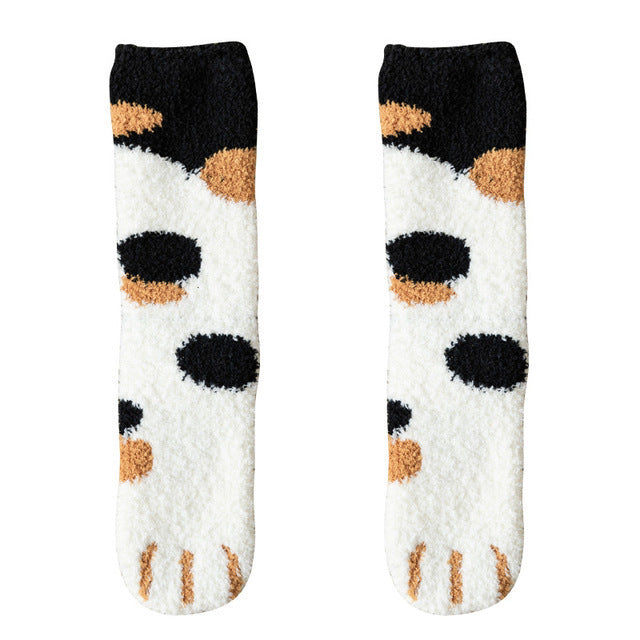 Korean Socks Women's Coral Fleece Cat Paw Pattern Kawaii Thick Warm socks