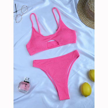 Professional European American High Waist Split Bikini - Nylon (S-L, Sexy Sweet, White/Pink/Black)