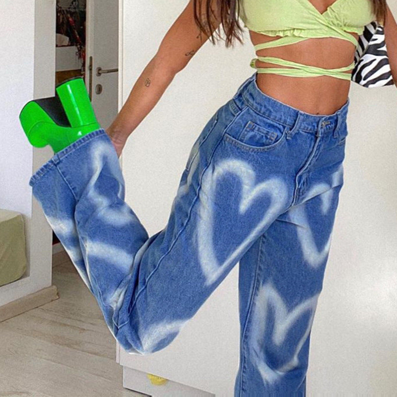 Jean slim droit taille haute pour femme, Love graffiti