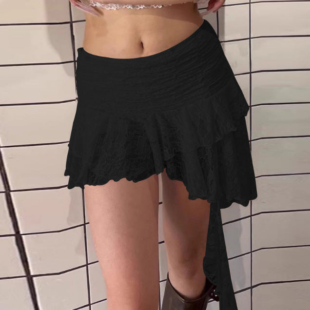 Professional Retro Lace Edge Irregular Hem Short Skirt - Polyester Asymmetric (White/Black, S-L, Slimming Design)