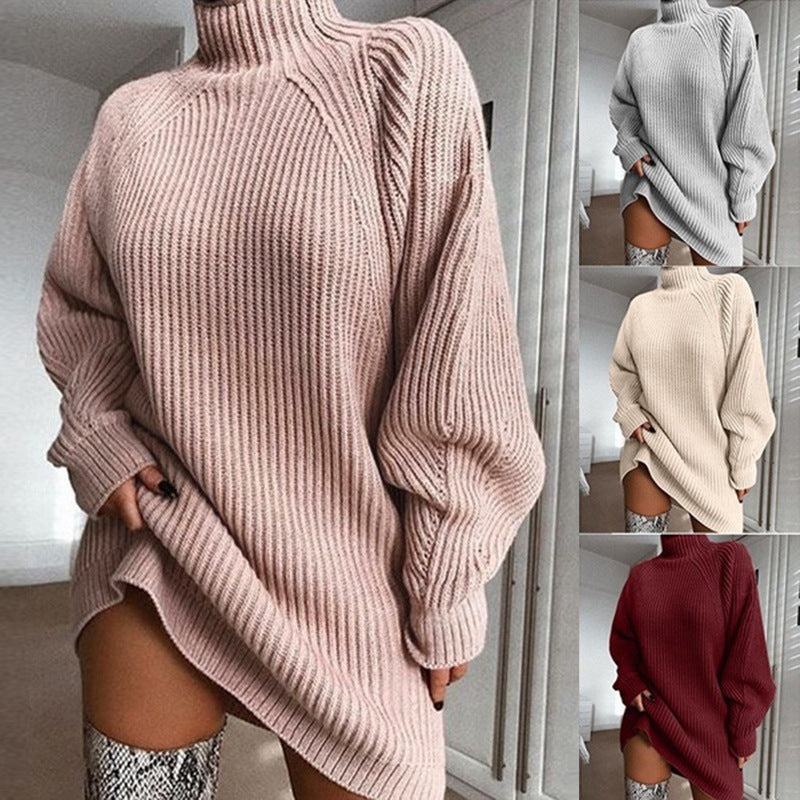 Robe pull longue à col roulé pour femme, couleur unie, chaude, hiver