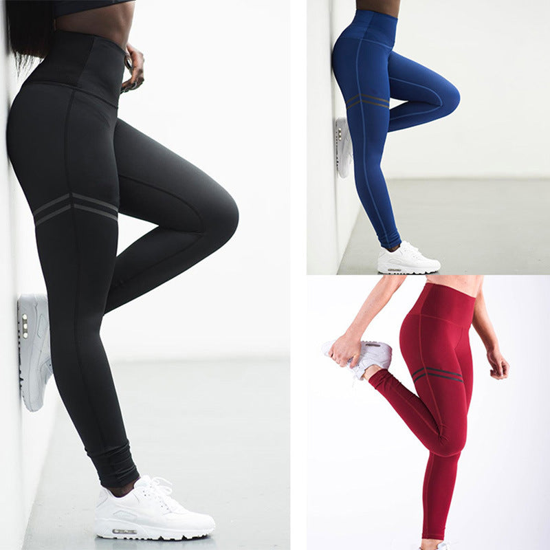 Pantalon de yoga extensible à rayures transfrontalières, taille haute, couleur unie, pantalon de fitness à neuf points