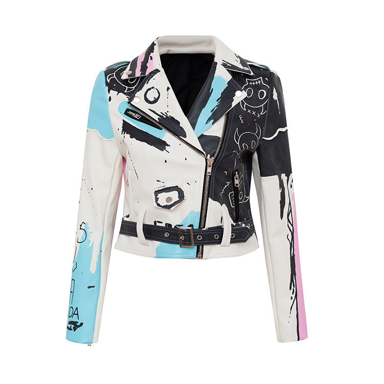 Veste en cuir de moto à rivets imprimé graffiti personnalisé
