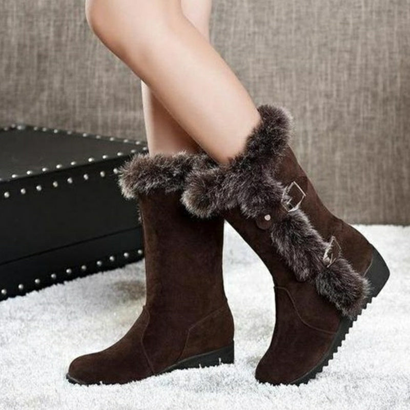 Brun Ny vinter Kvinnor Casual Varm Päls Mid-Valves Boots Skor Dam Slip-On Runda Tå Flats Snow Boots Skor