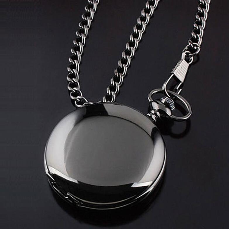 retro svart mode silver slät steampunk kvarts fickur rostfritt stål kedja halsband 30 cm för män för kvinnor med presentask