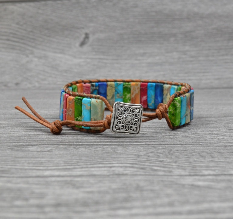 Colored Imperial Stone Handwoven Single Layer Leather Band Creative Ethnic Style Simple Band
