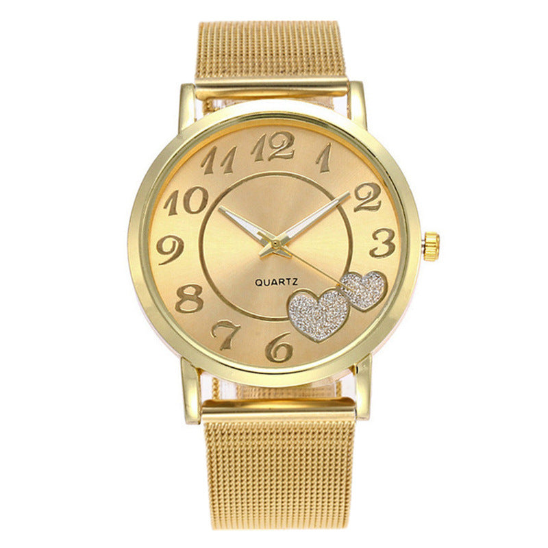 Montre de ceinture en maille d'alliage d'or en forme de coeur pour dames