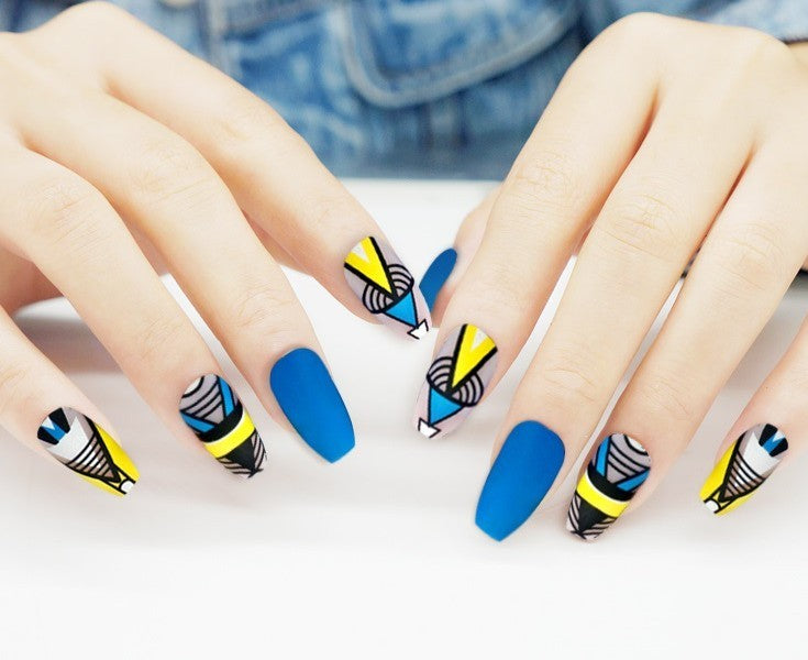 Pointed Color Printed Press-On Nails - 24 Pieces | 2g Glue 14.5x7.5x2.2cm Package