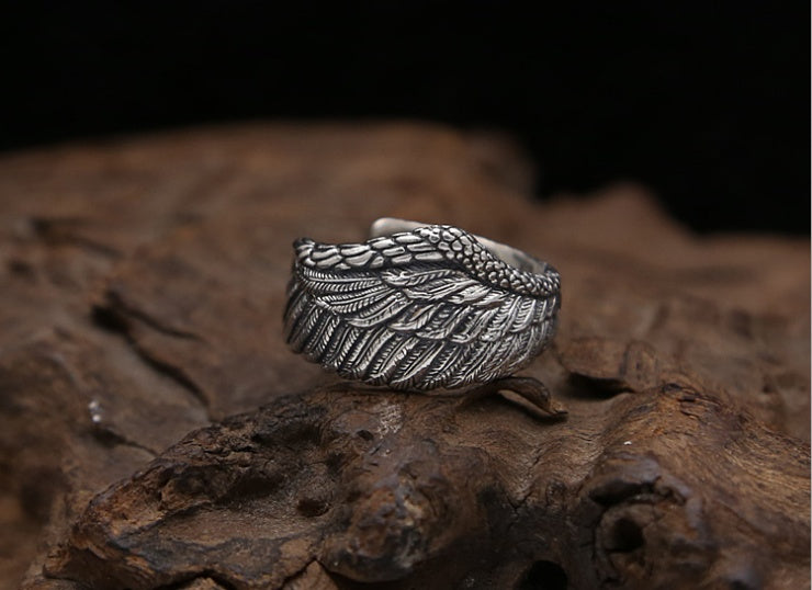 S925 Silver Herrring Justerbar Örnvinge Fjäder Retro Svart Punk Biker Man Ringar Kvinnliga Sterling Silver Smycken