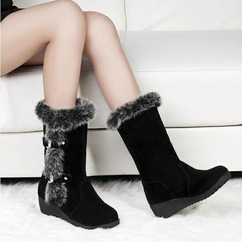 Brun Ny vinter Kvinnor Casual Varm Päls Mid-Valves Boots Skor Dam Slip-On Runda Tå Flats Snow Boots Skor