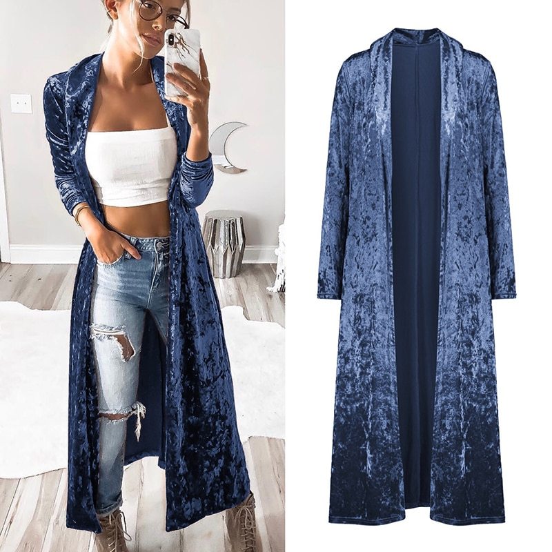 Women's Fashion Velvet Jacket Autumn Long Coat Stitch Outerwear Coat Casual Tops Cardigan Women Clothing Plus Size