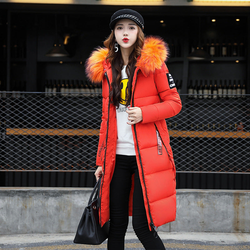 Long Cotton Jacket Hooded Big Fur Collar Down Jacket - Medium Length Casual Slim Fit Fox Hair