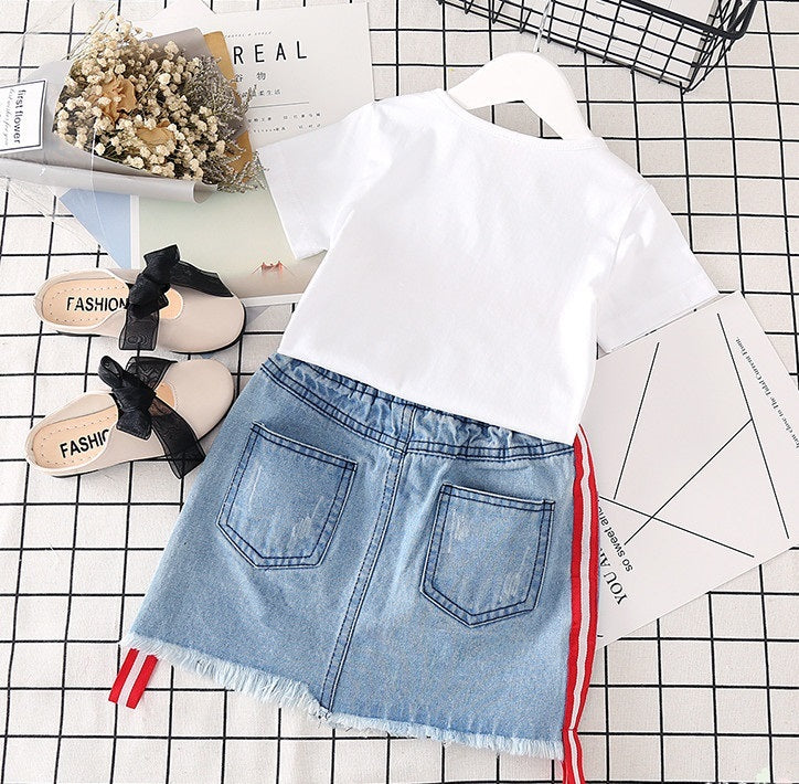 Vêtements pour enfants T-shirt blanc Jupe en jean 2pcs Costumes pour filles