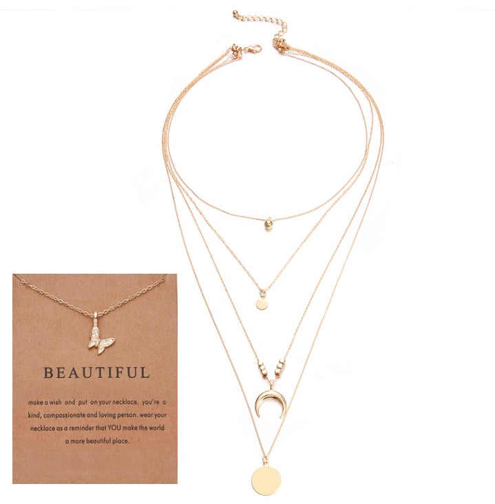 Multi-Layer Moon Pendant Necklace for Women Bohemian Wafer Elegant Necklace