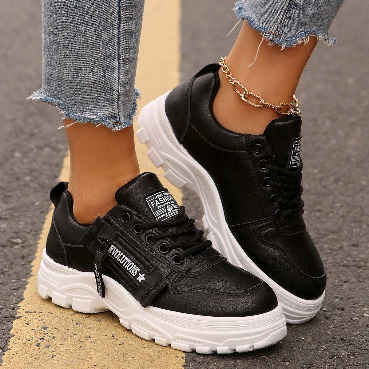 Snörskor med dragkedja i sidan Moderiktiga, tjocka, rundade casualskor för kvinnor Sneakers