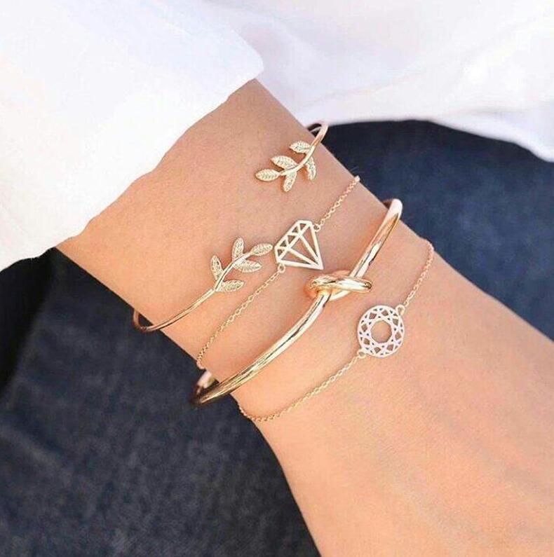 Tocona T Mode Bohemisk Lövknut Handmanschett Länkkedja Charm Armband För Kvinnor Guldarmband Femme Smycken 6115