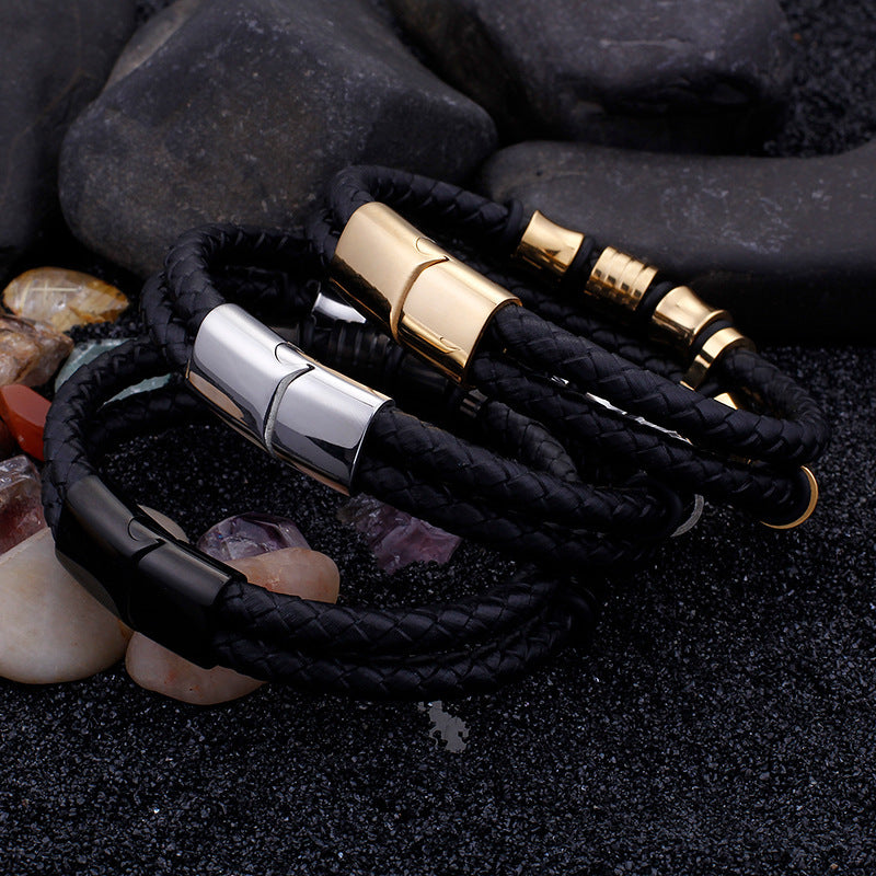 Guldfärgat rostfritt stål läderarmband herr svart herr läder wrap armband smycken armband med magnetlås