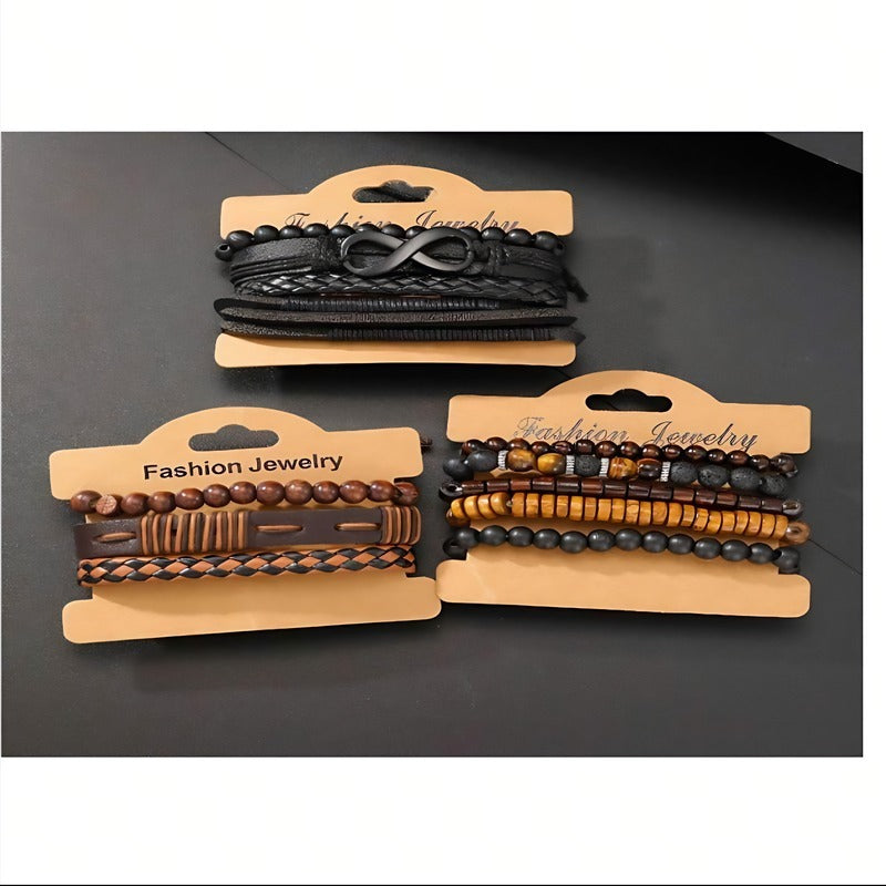 Vintage Men's Bracelet Set - Woven Leather, Tiger's Eye, and Moonstone