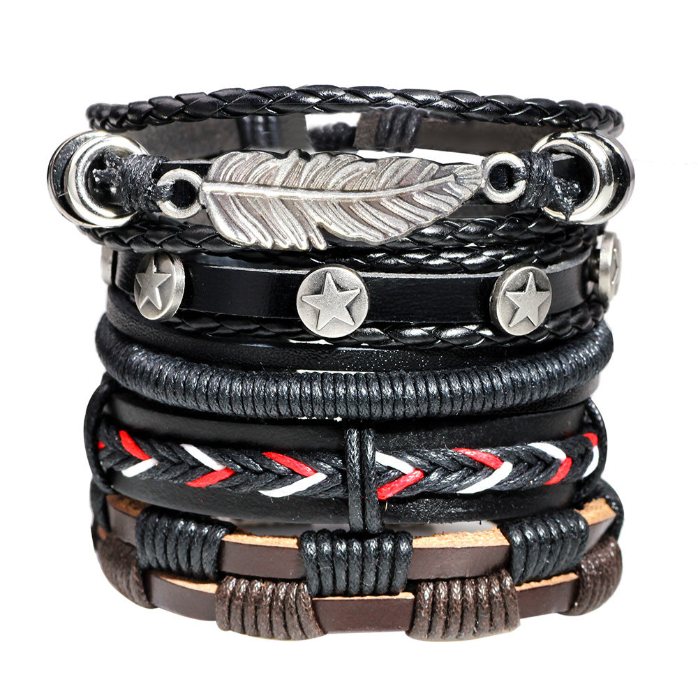 flerskiktad ark vintage läderarmband av män av mode hantverk stjärnrep tvinnat Wrap Armband & armband