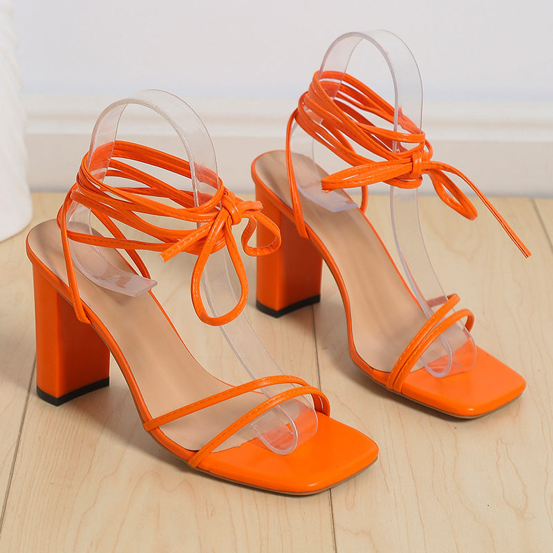Lace Up Strappy Sandals Sommar Chunky Heel Square Toe Skor Mode