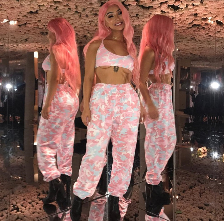 NCLAGEN 2021 Nya kvinnor rosa camouflage Skriv ut byxor Loose Harem Camo byxor Spring High Midja Casual Joggers Elastisk S Vetbyxor