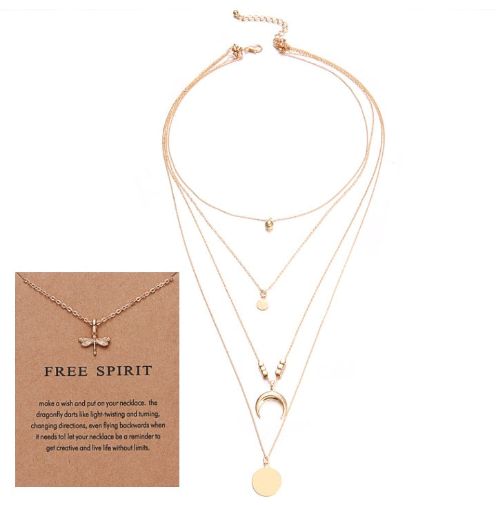 Multi-Layer Moon Pendant Necklace for Women Bohemian Wafer Elegant Necklace