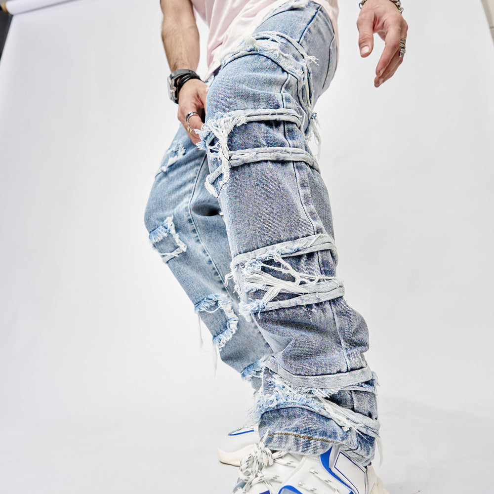 Herrbyxor, långa byxor, lappade, raka, herrjeans med hiphop-mönster