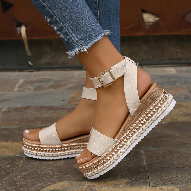 Sommar Sandaler Spänne Rem Hampa Kilar Plattform Peep Toe Skor Dam