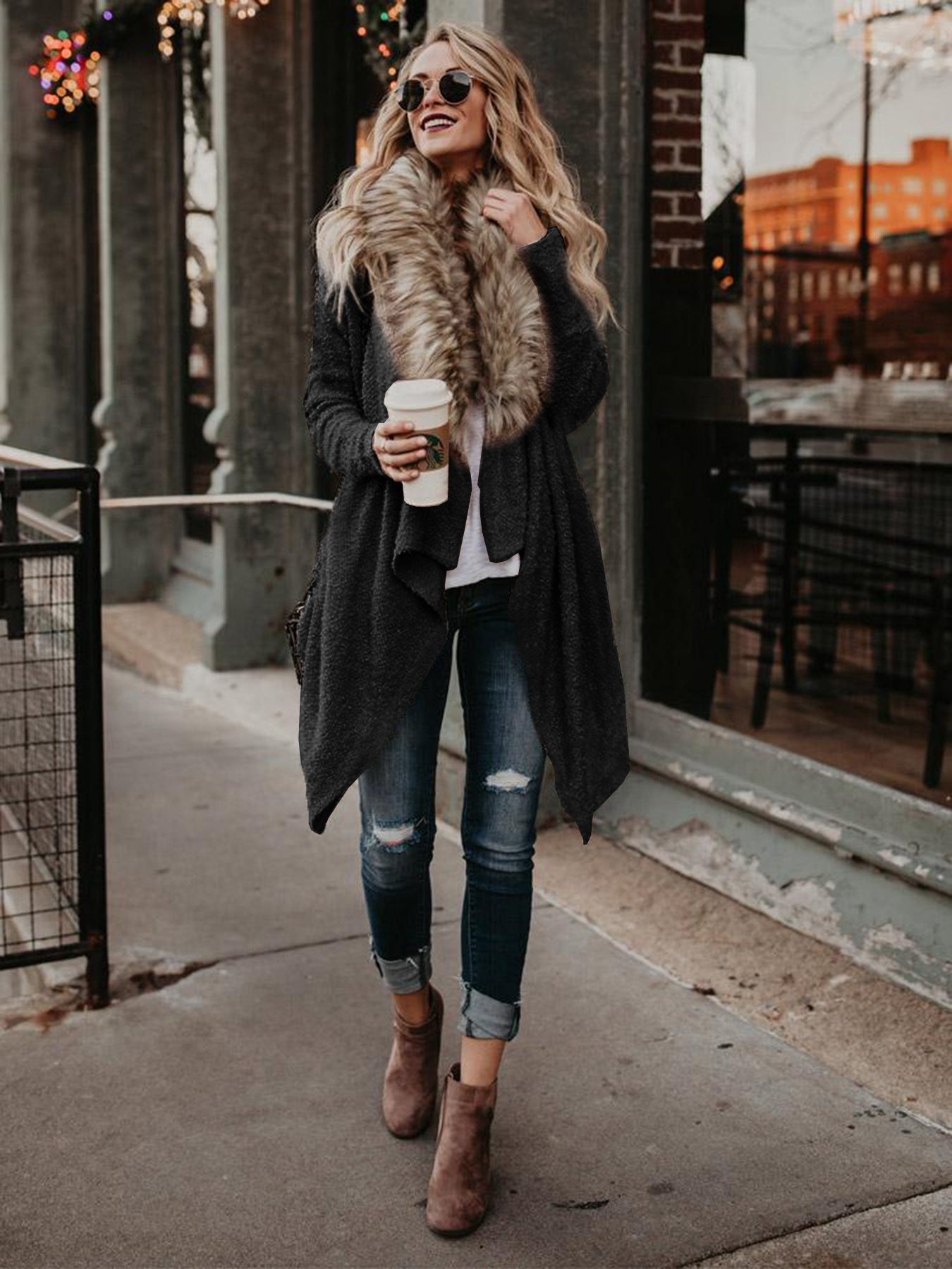Trench-coat en peluche cardigan à col en fourrure