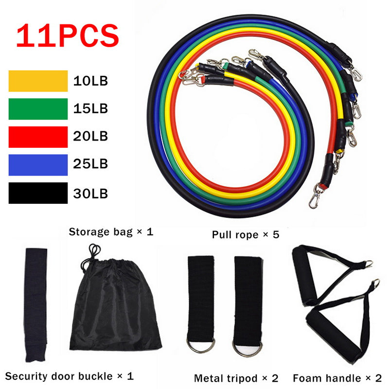Professional Fitness Rally Elastic Rope - TPE Resistance Band System (5 Bands, 10-30 lbs, 11-Piece Complete Set)