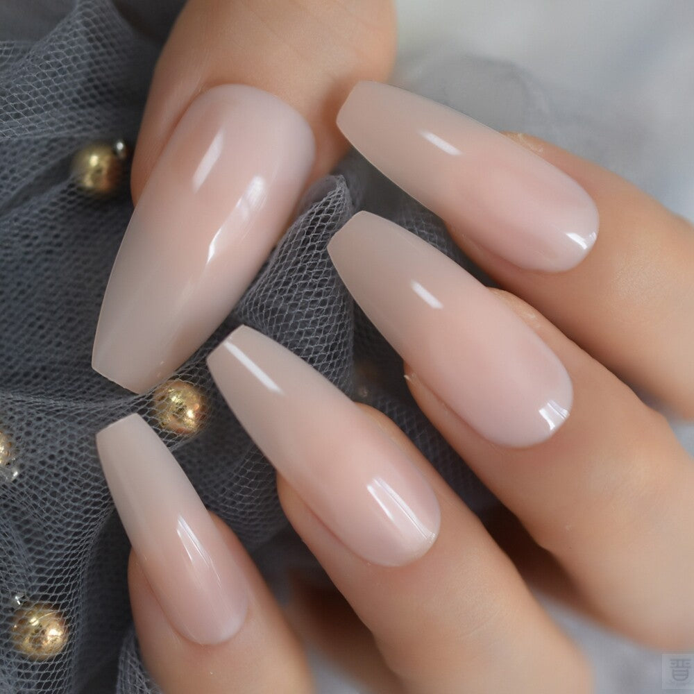 Nude Extra Long Press-On Nails - 24pcs UV Gel Cover | Glossy Plastic Tip 30 Seconds