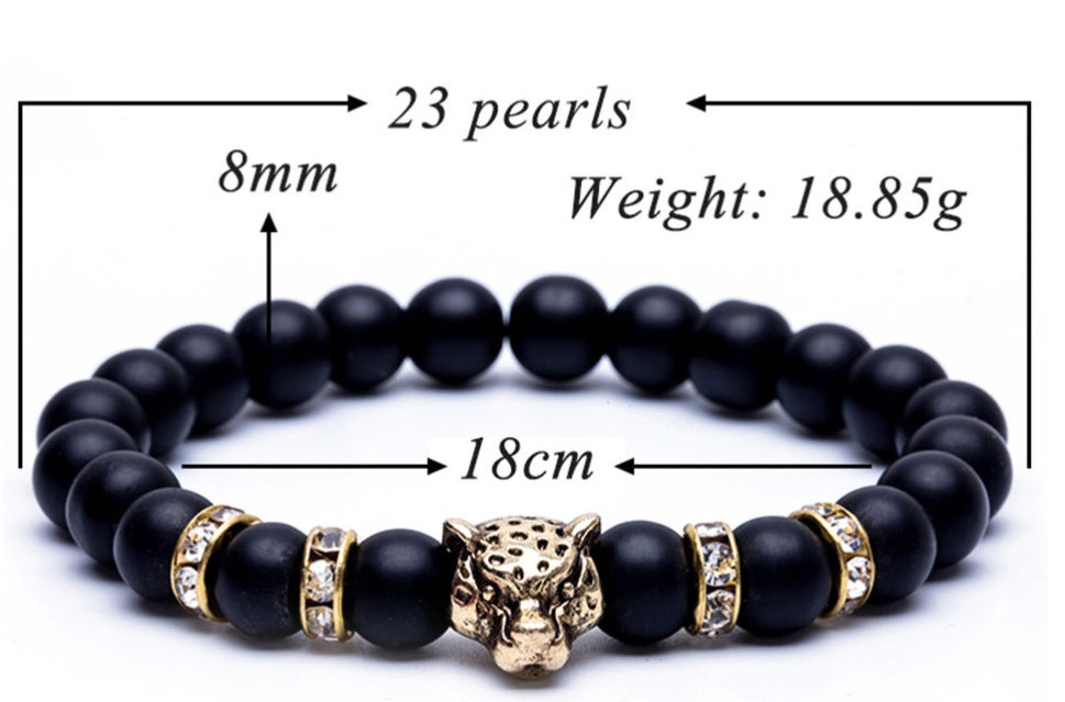 8mm Natursten Lavasten Pärlarmband För Män Leopardhuvud Leopardhänge Charm Armband Handgjorda Smycken
