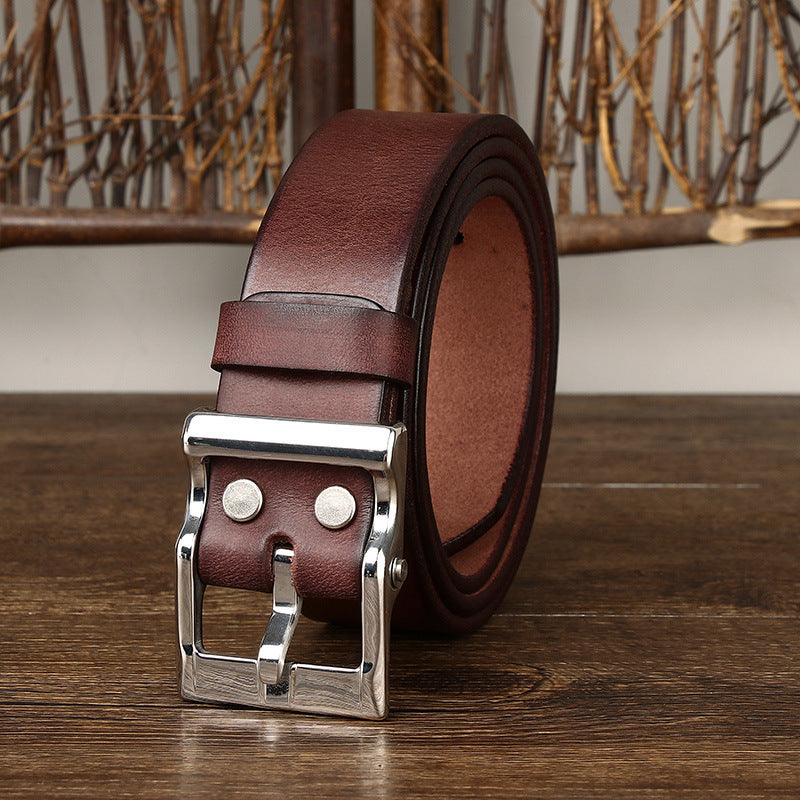 Men's Retro Leather All-Match First Layer Cowhide Stainless Steel Buckle Belt - Vintage Character