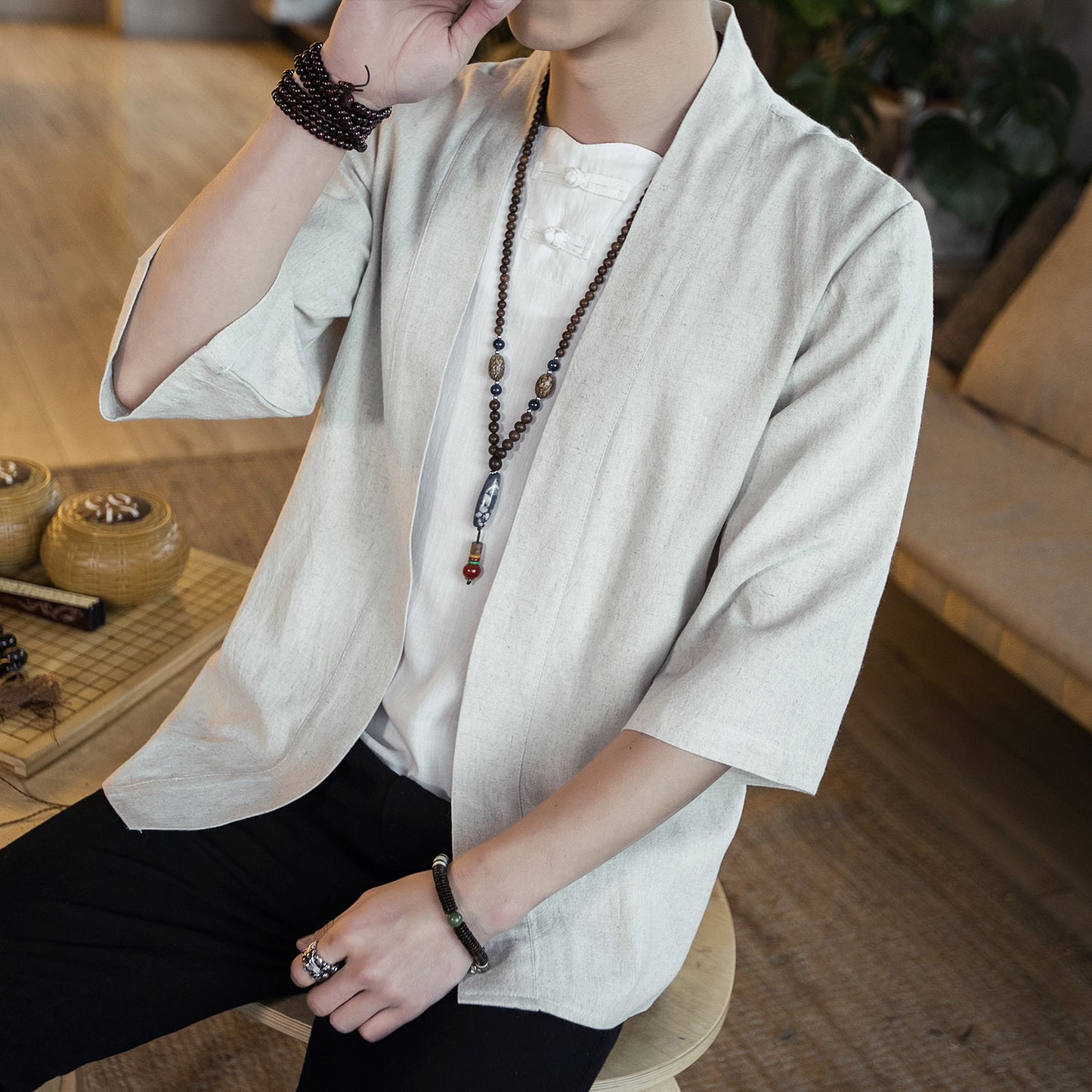 Sommaren mäns kinésiska style bomull och linne fast färg Hanfu sju punkts slem koftan skjorta hommes mode tendance merde rt